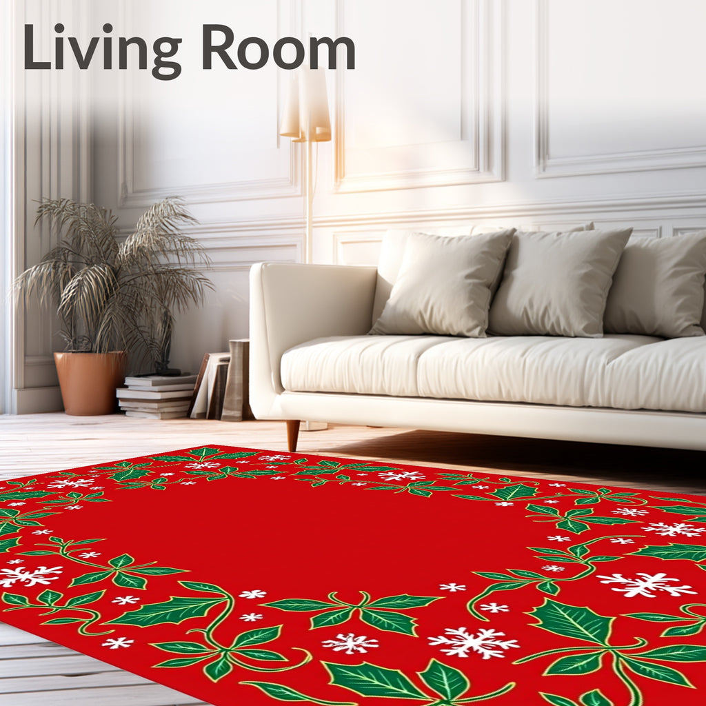 Holiday Red Holly Snowflake Border Rug