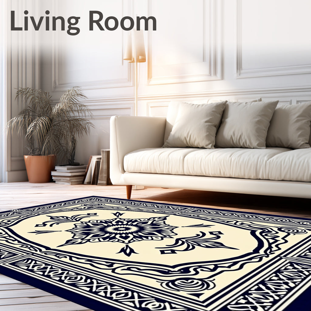 Deep Navy Floral Medallion Frames Rug