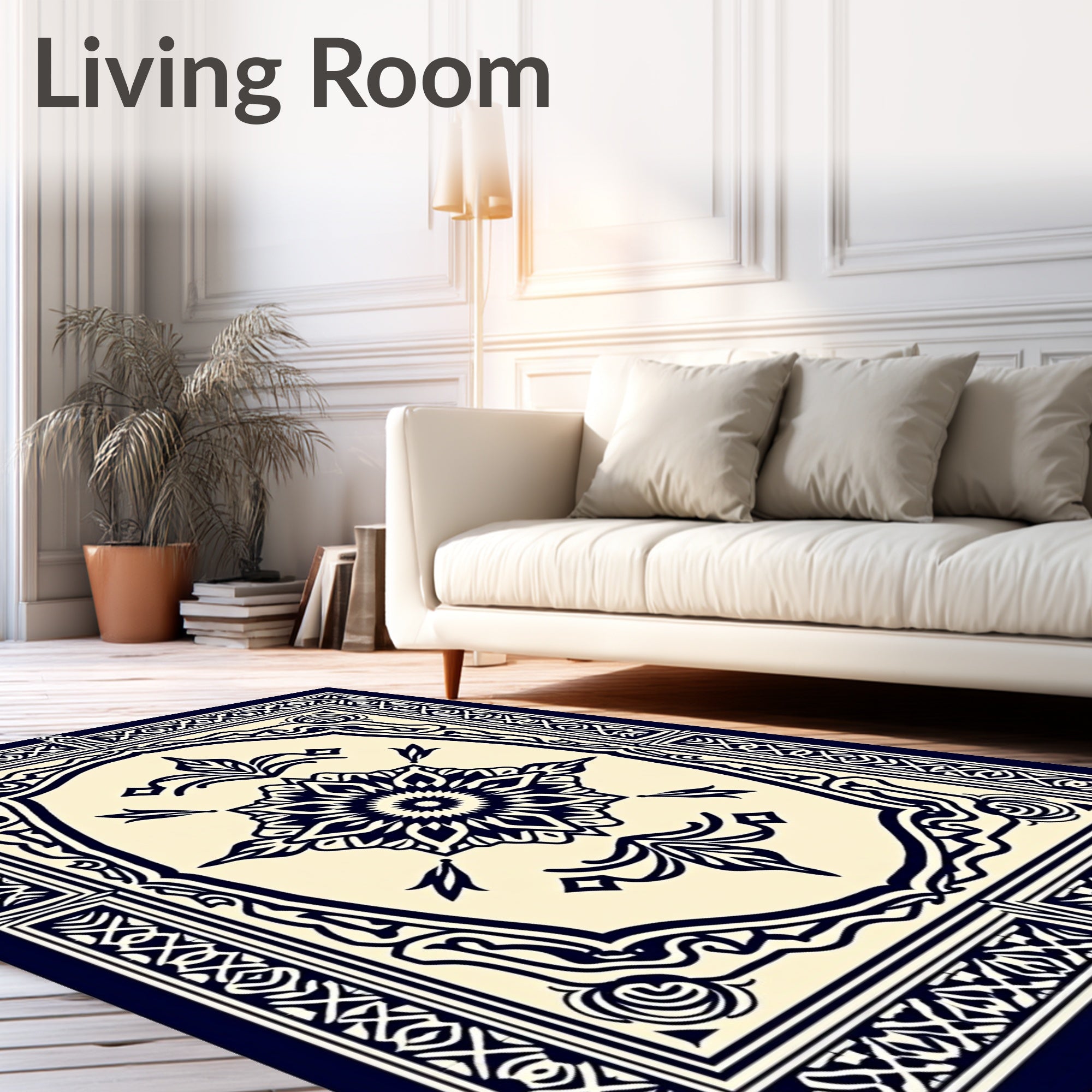 Deep Navy Floral Medallion Frames Rug