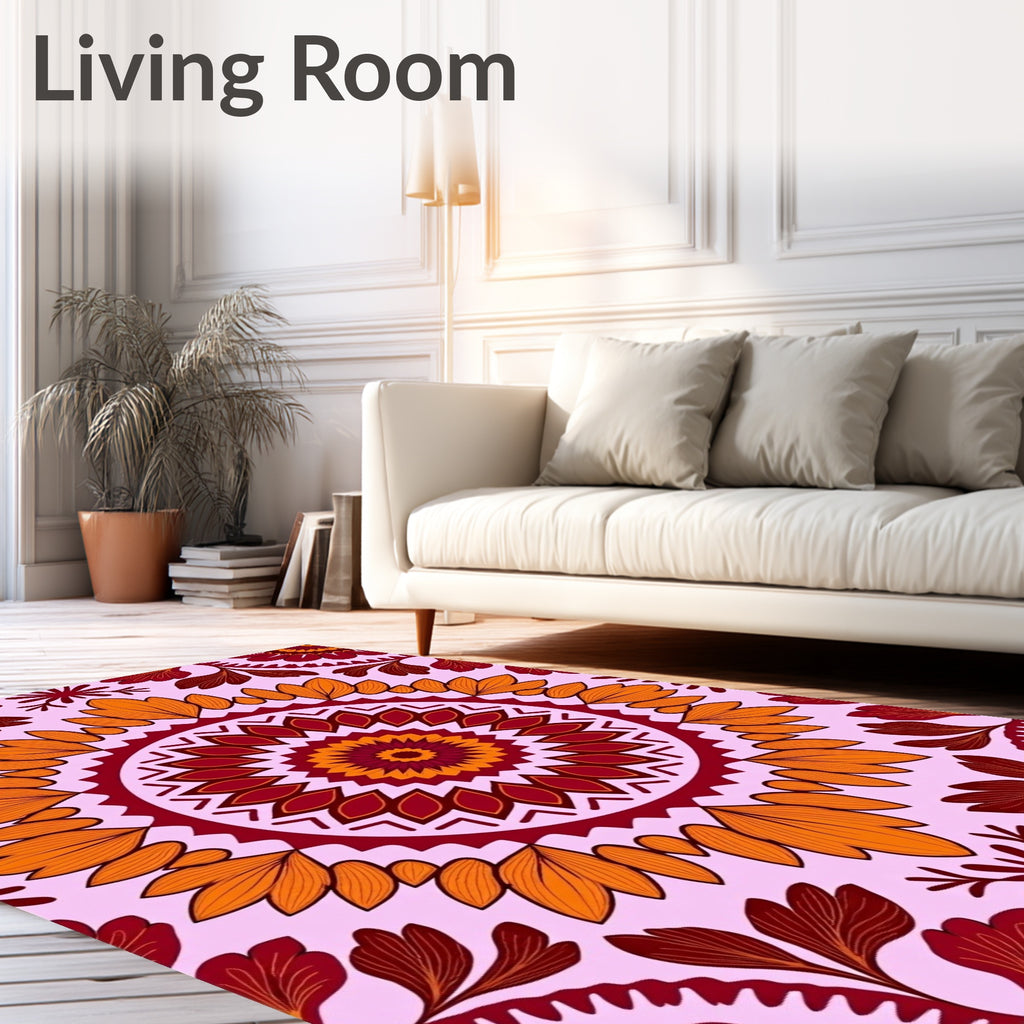Crimson Orange Floral Sunburst Mandala Rug