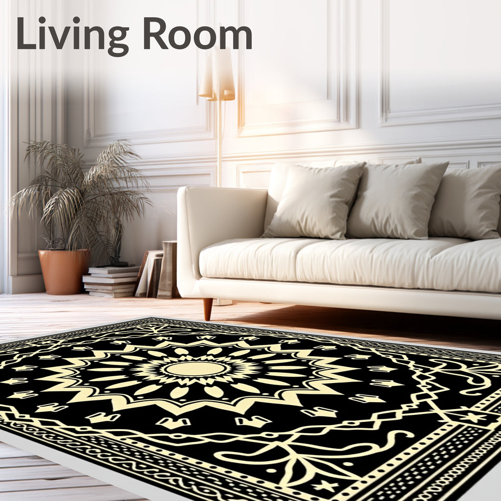 Black And Cream Sunburst Medallion Rug