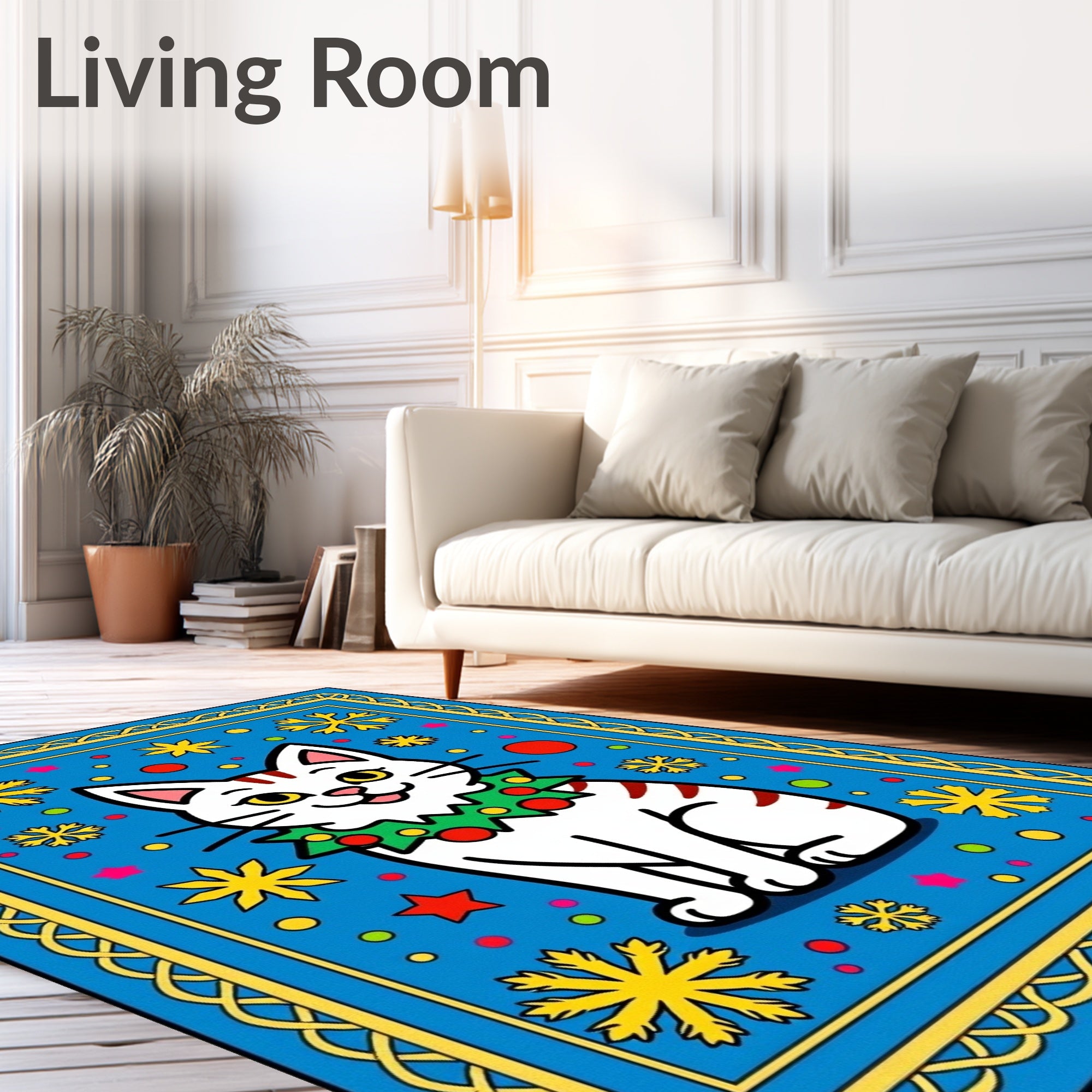 Whimsical White Cat Snowflake Blue Rug