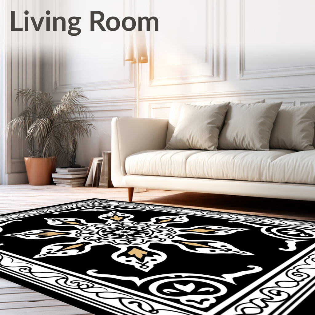 Black White Gold Floral Medallion Rug