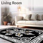 Black White Gold Floral Medallion Rug