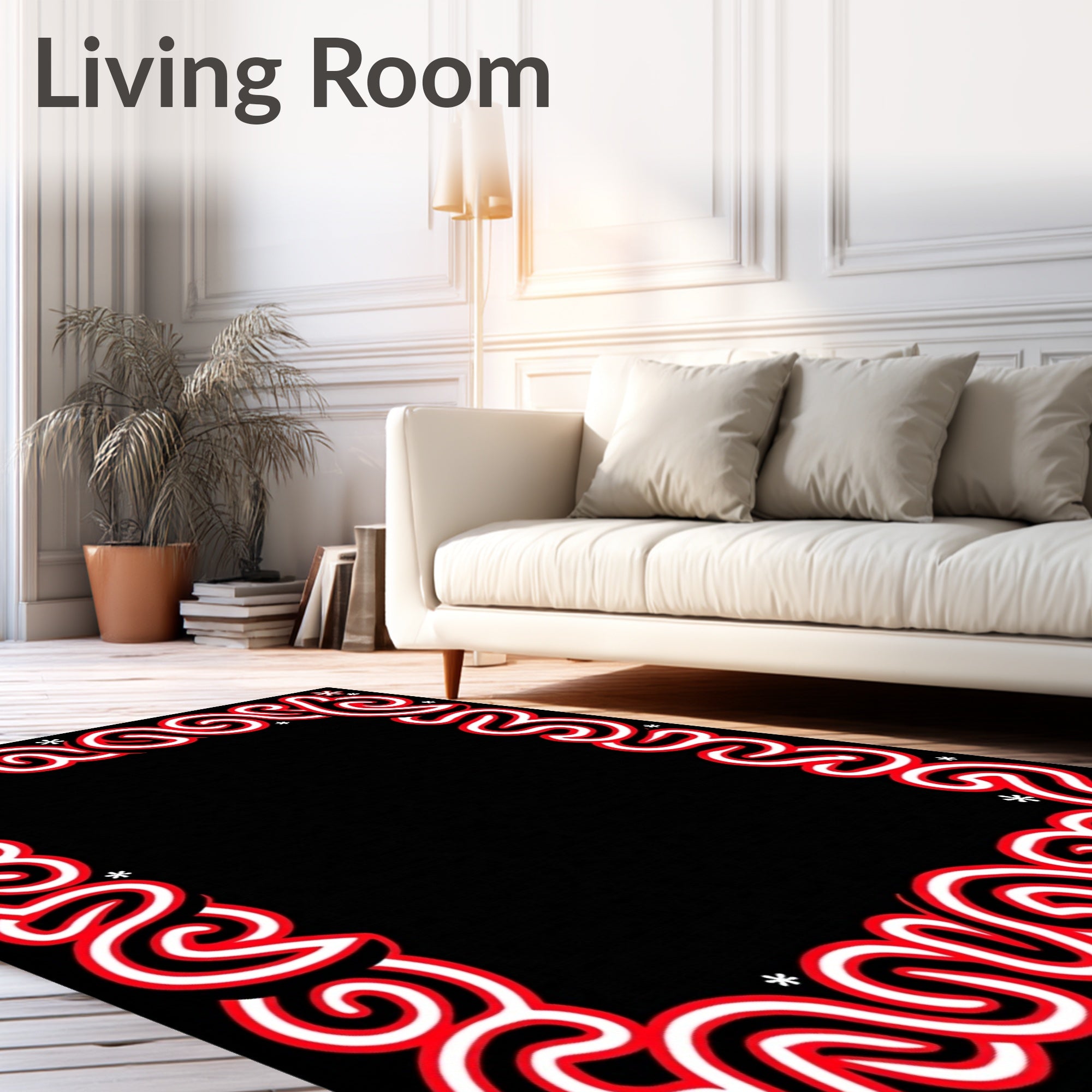 Red White Swirl Abstract Frame Rug