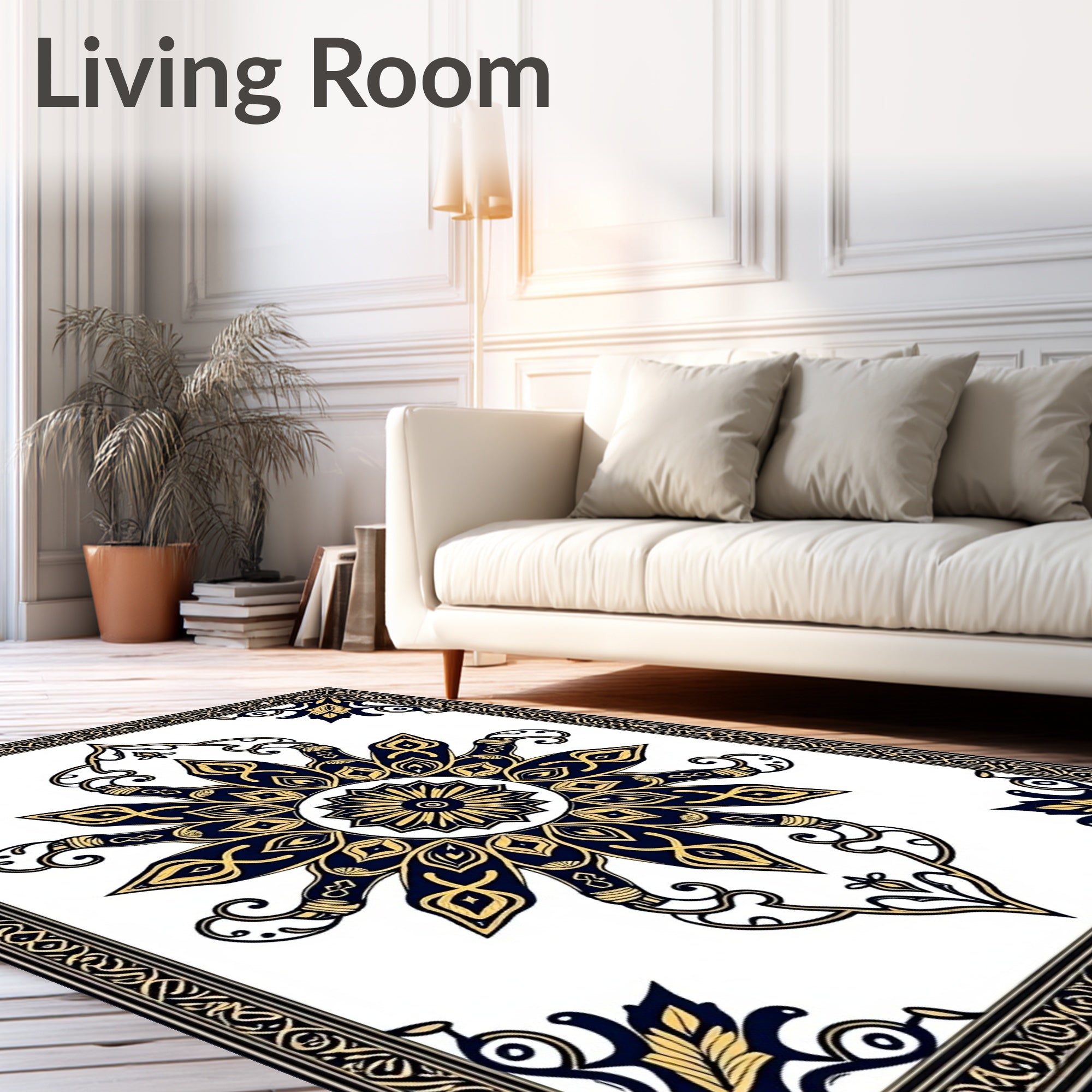Ornate Navy Gold Floral Mandala Rug