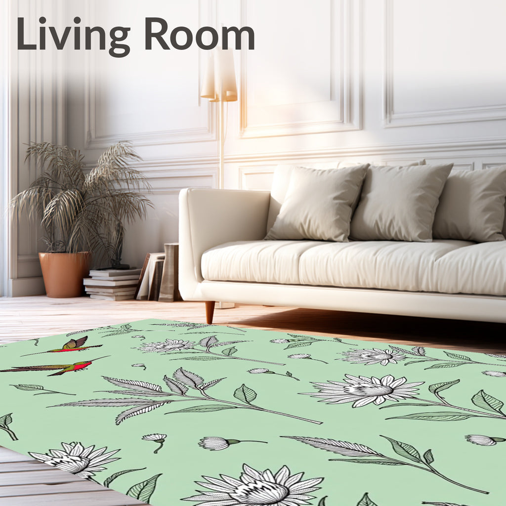 Green Hummingbird Flower Garden Illustration Rug