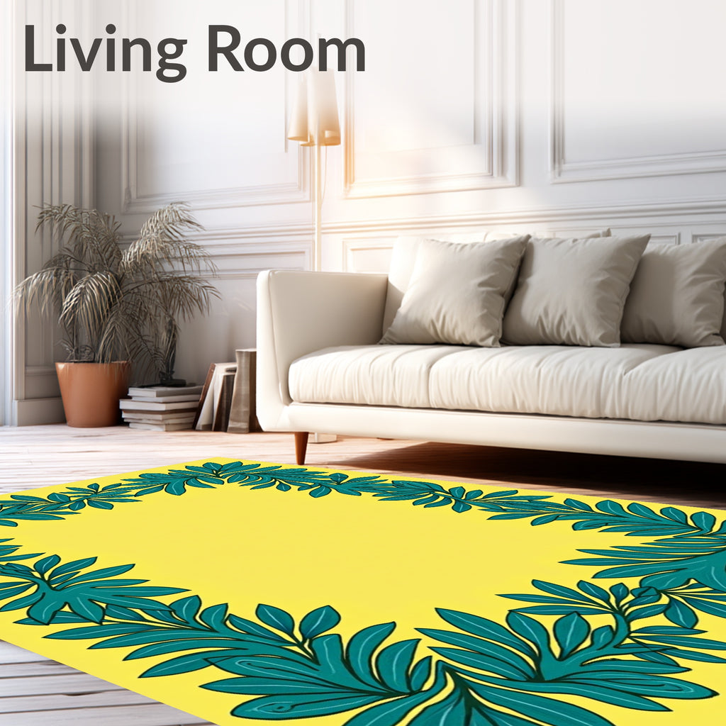 Teal Leaf Border Yellow Oval Rug