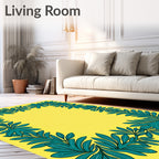 Teal Leaf Border Yellow Oval Rug