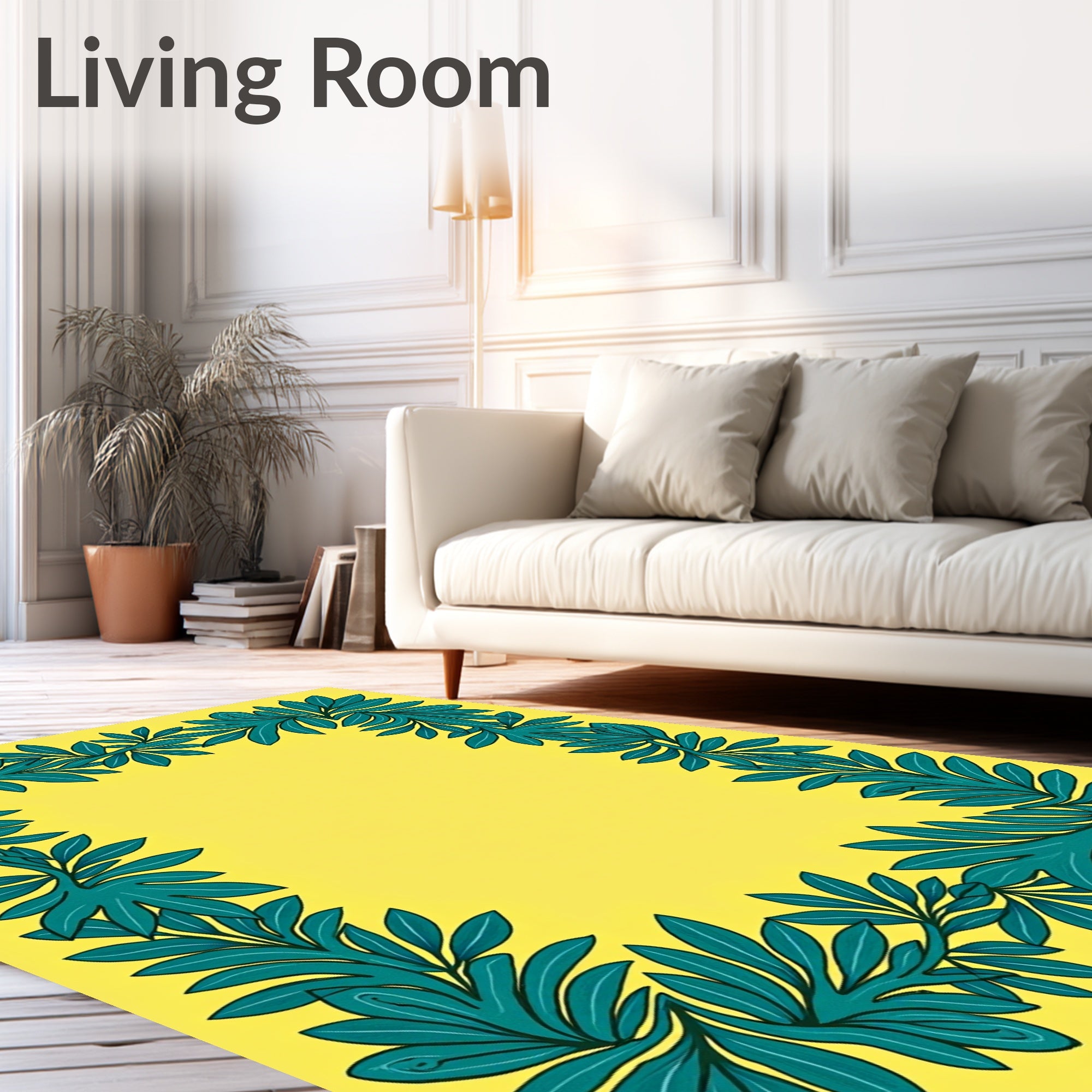 Teal Leaf Border Yellow Oval Rug