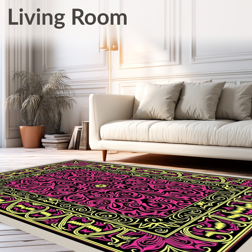 Vibrant Pink Yellow Scrollwork Border Rug