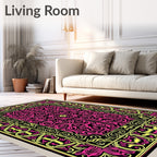 Vibrant Pink Yellow Scrollwork Border Rug