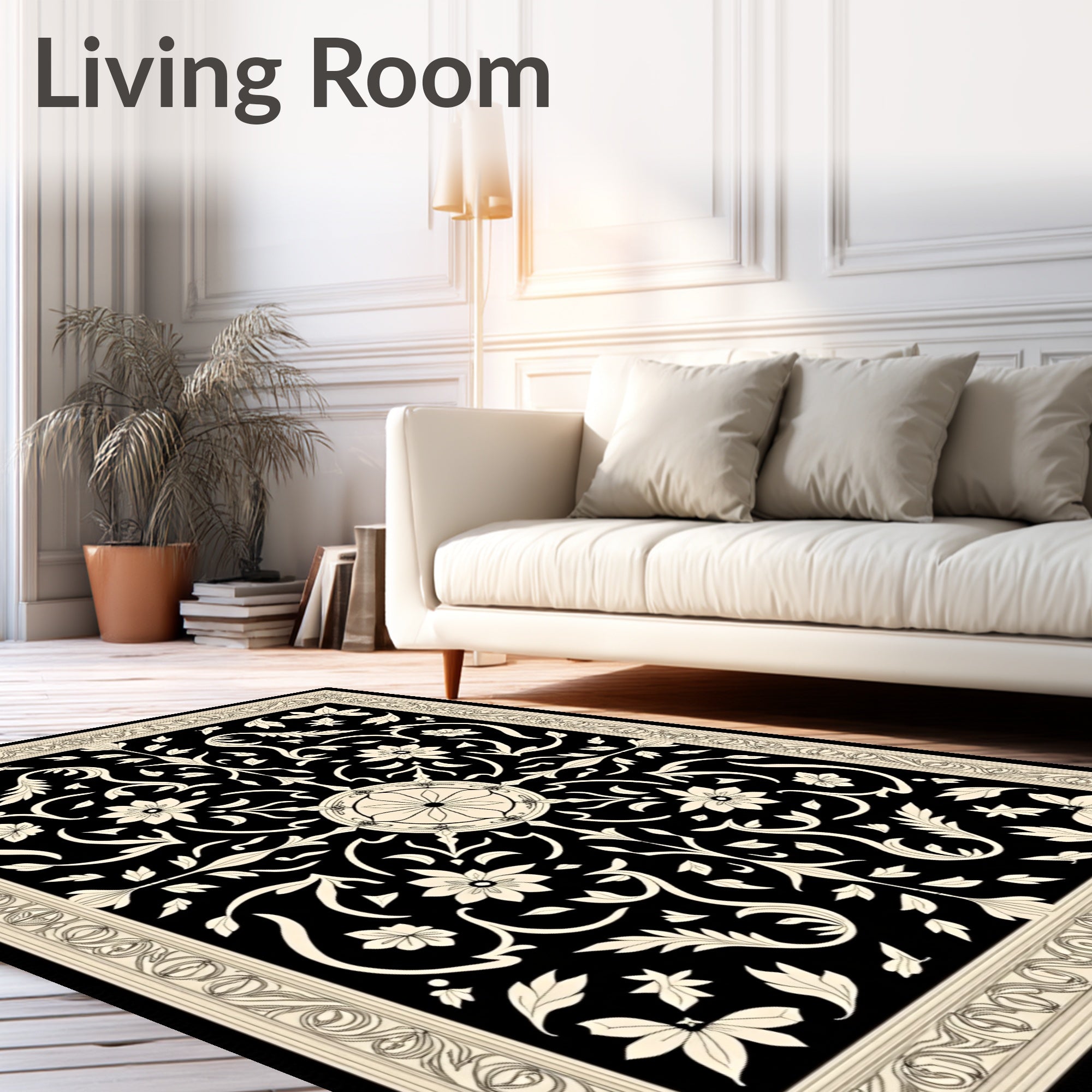Art Nouveau Black Cream Floral Scroll Rug