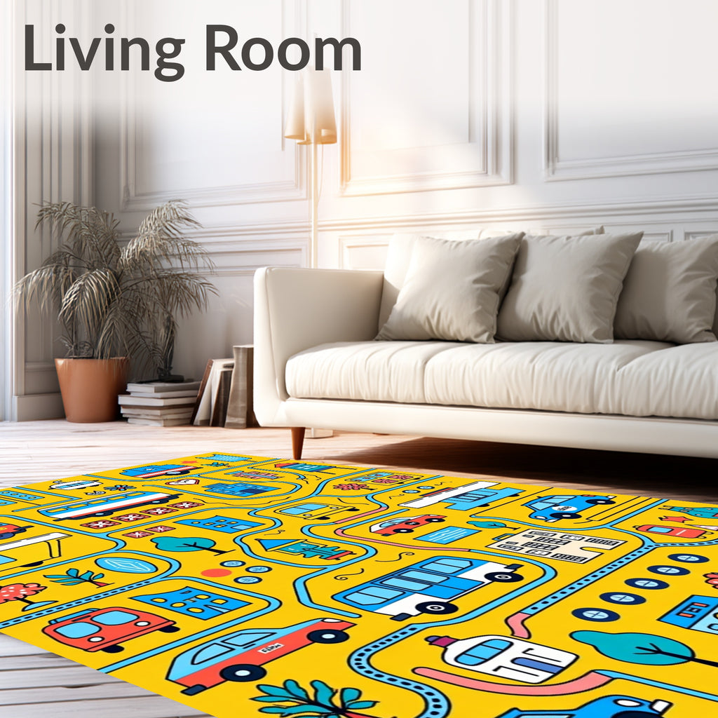Whimsical Yellow Transportation City Scene Rug