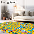 Whimsical Yellow Transportation City Scene Rug