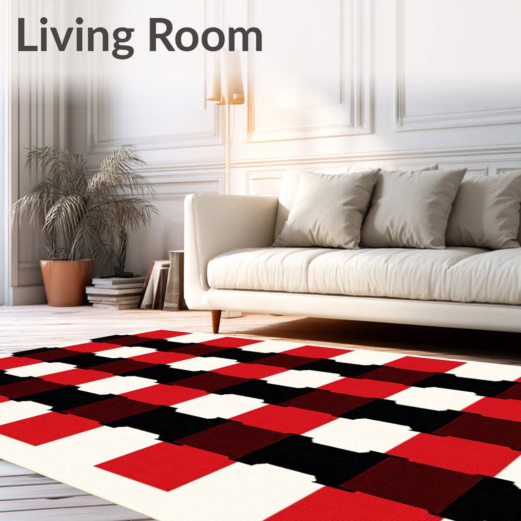Bold Red Black Plaid Checks Rug