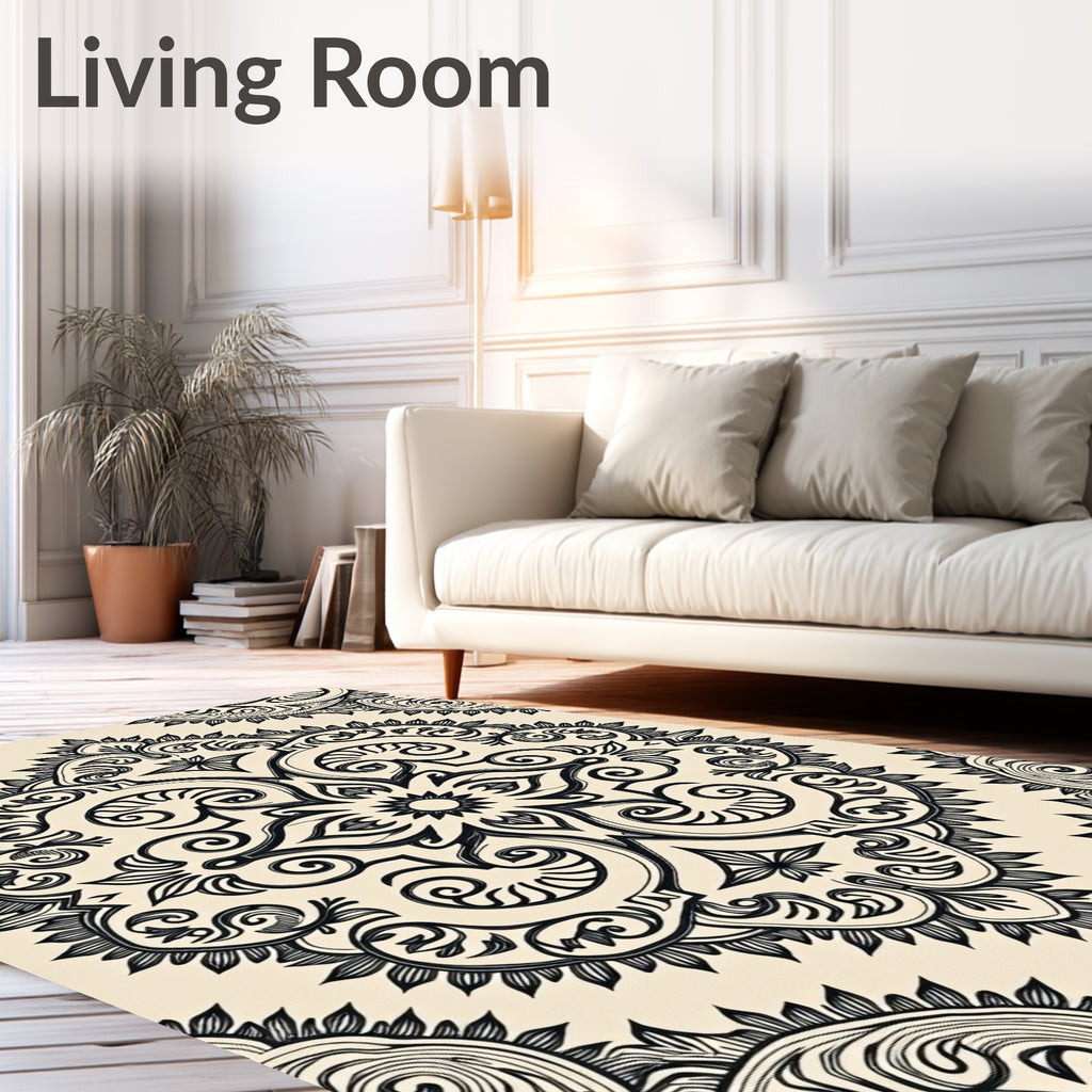 Cream Black Floral Medallion Rug