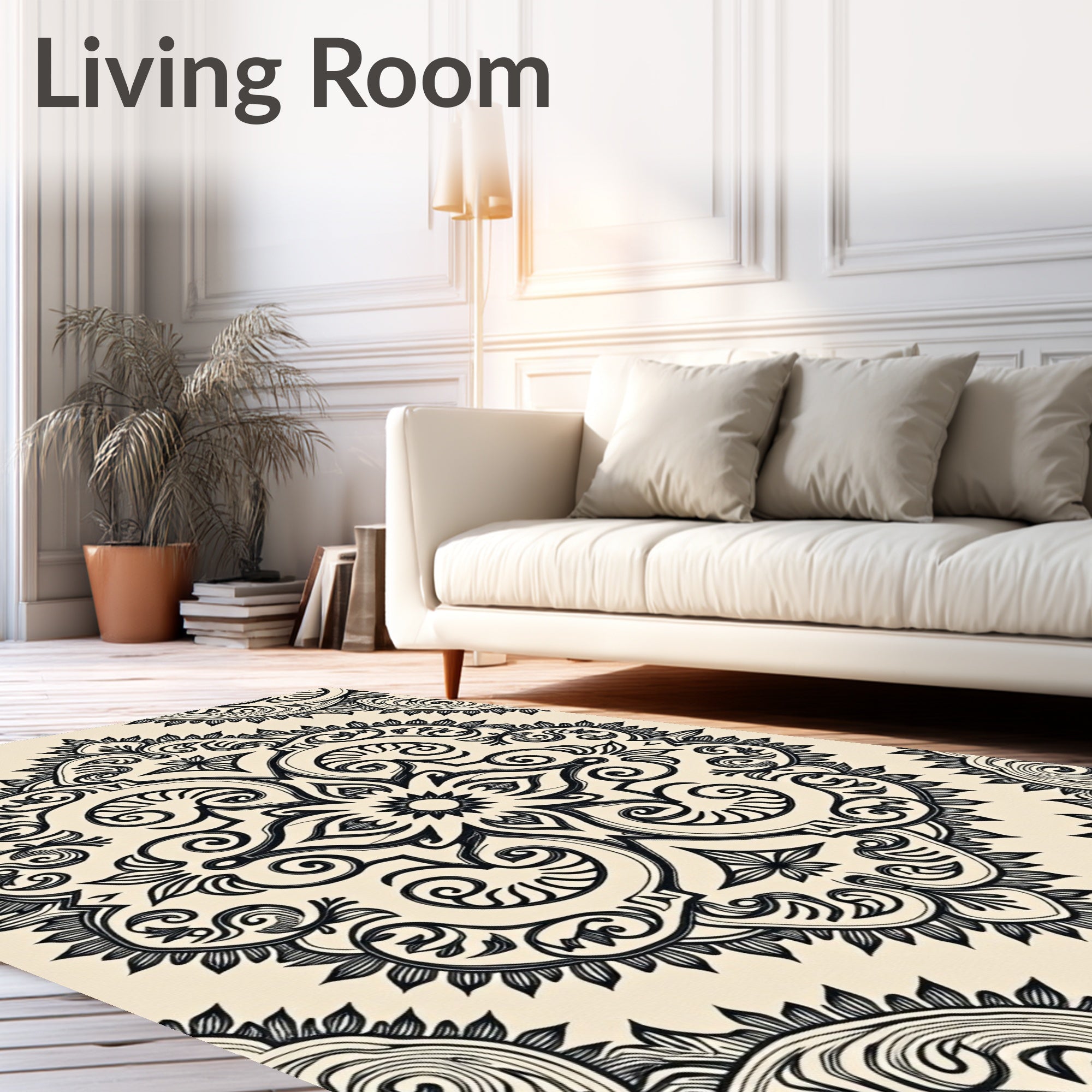 Cream Black Floral Medallion Rug