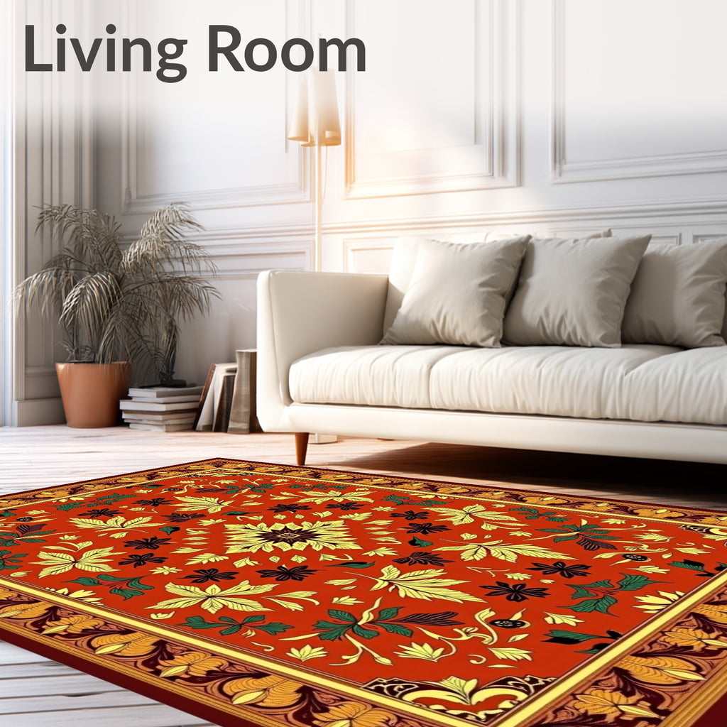 Vibrant Red Floral Leaf Medallion Rug