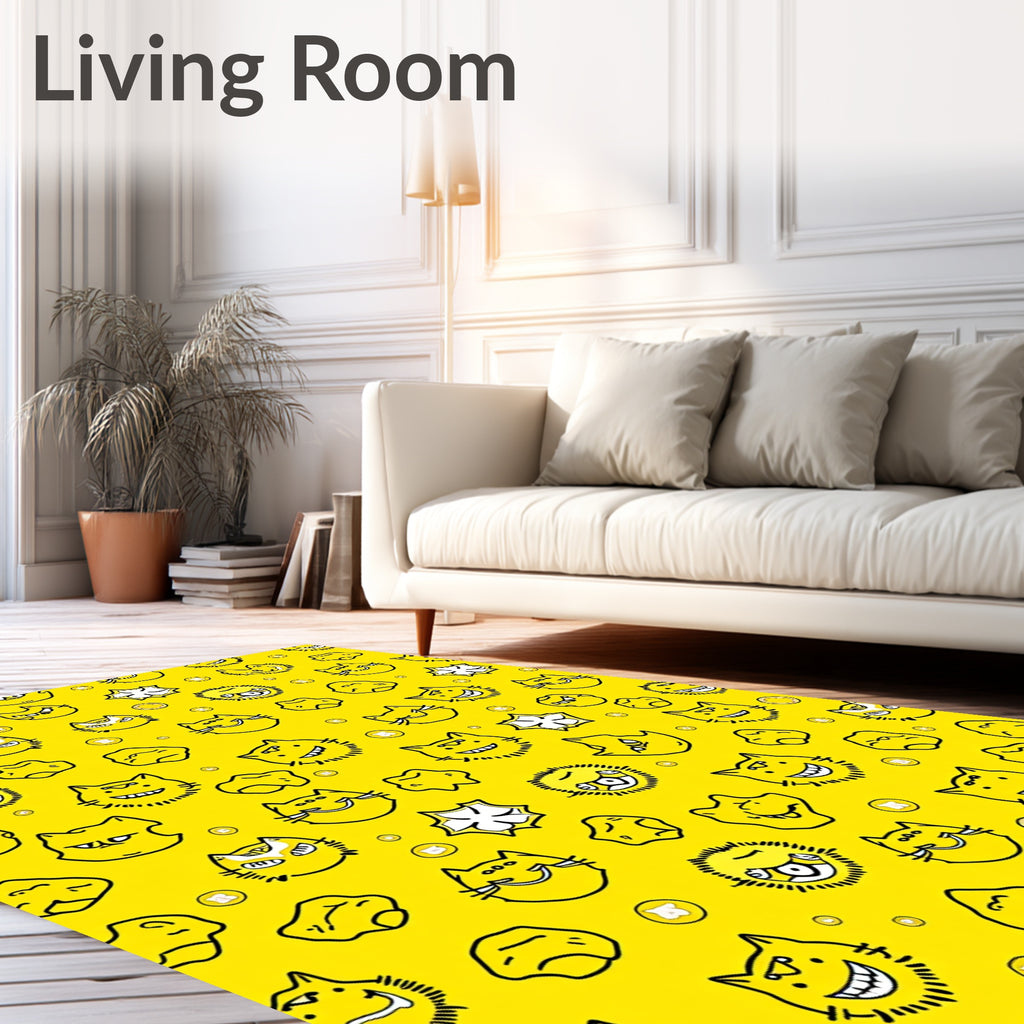 Whimsical Yellow Cat Faces Asteroids Rug