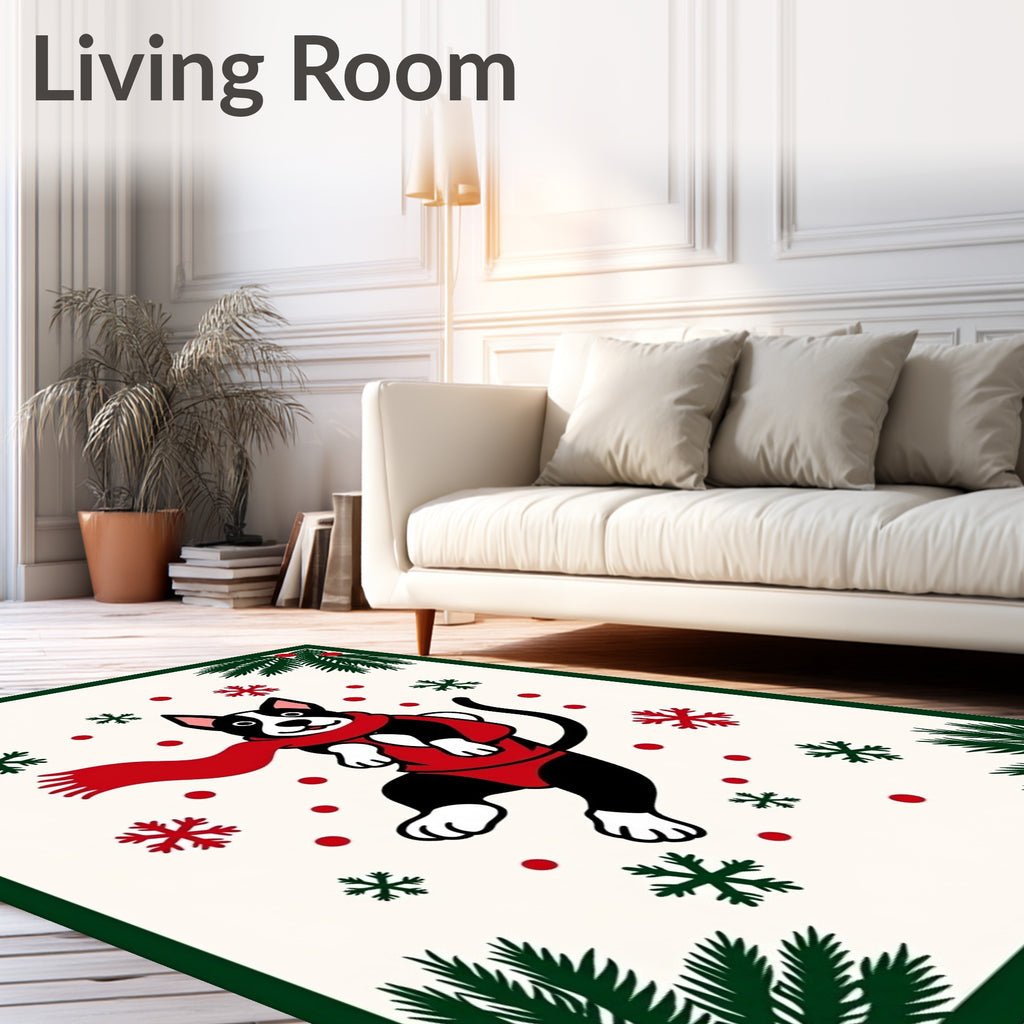 Festive Dog Snowflakes Red Scarf Border Rug
