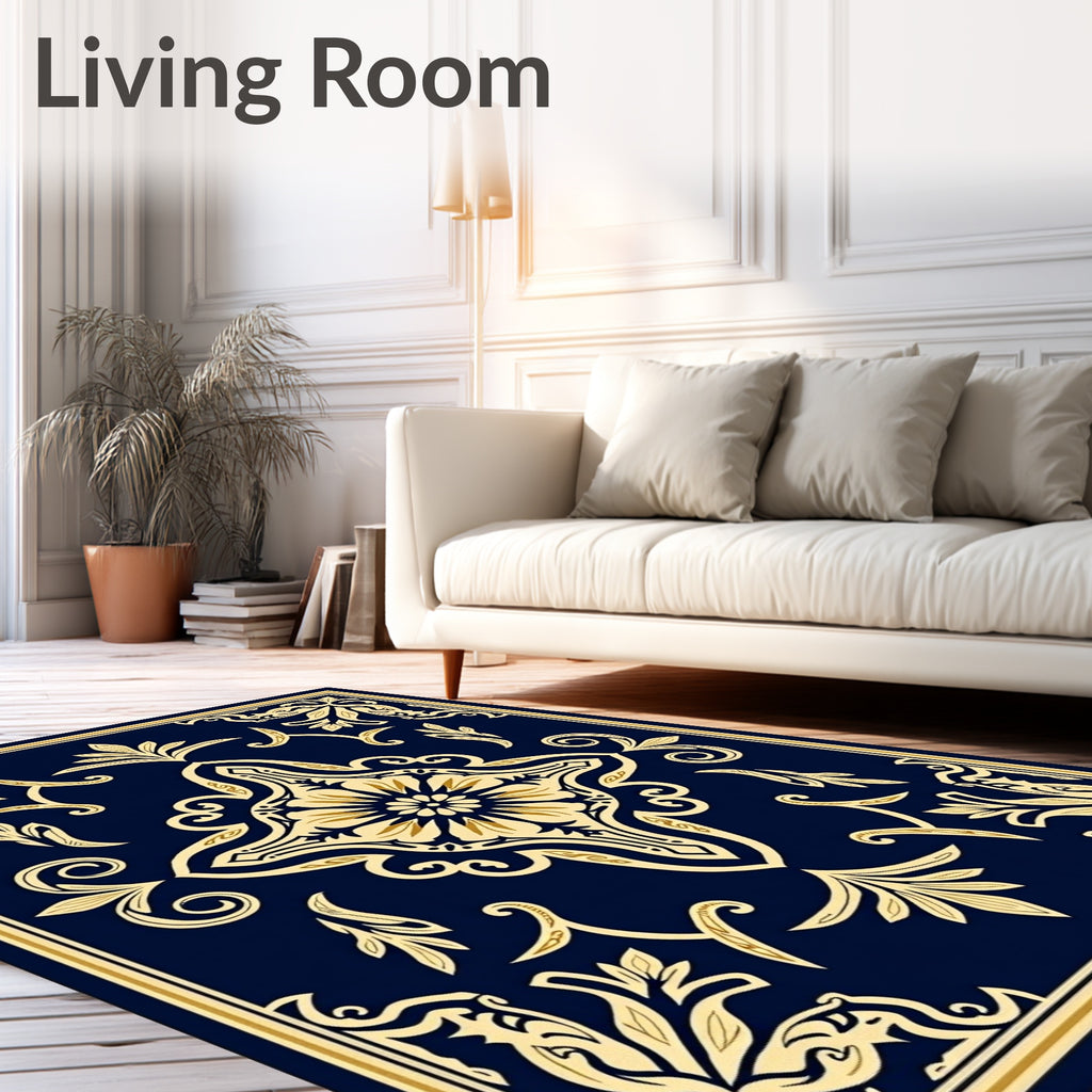 Deep Blue Classic Floral Scroll Arrangement Rug