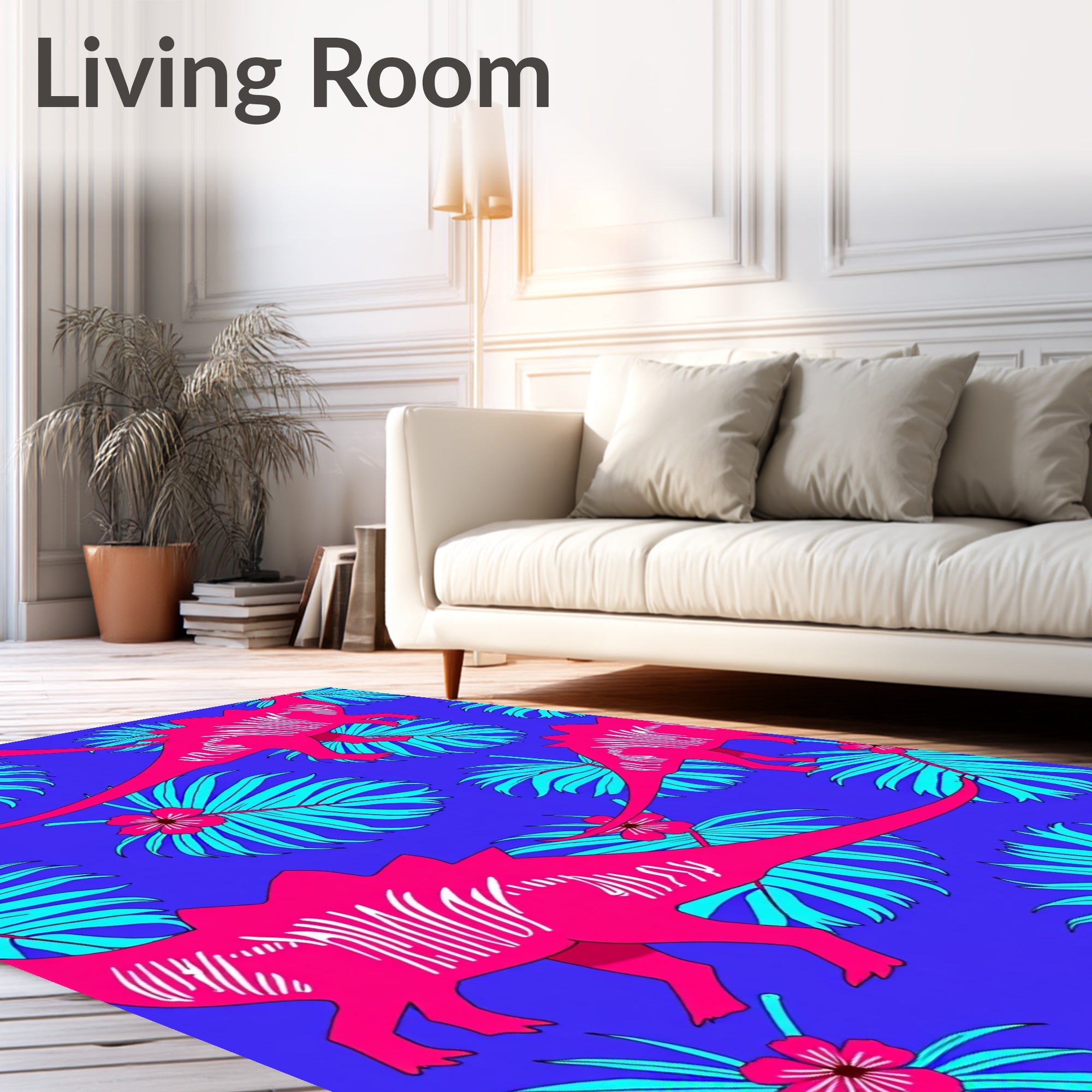 Vivid Pink Dinosaur Tropical Leaf Rug