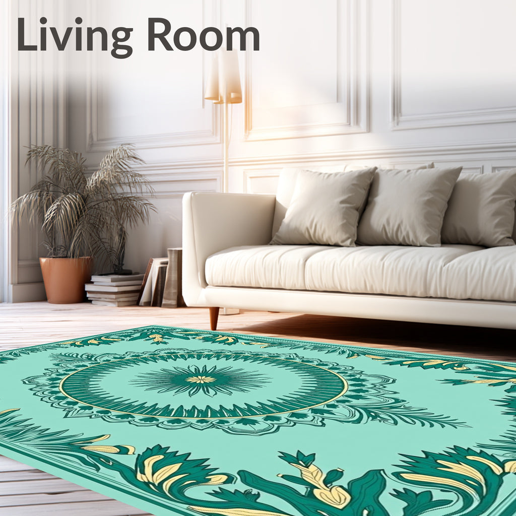 Teal Green Floral Medallion Frame Rug