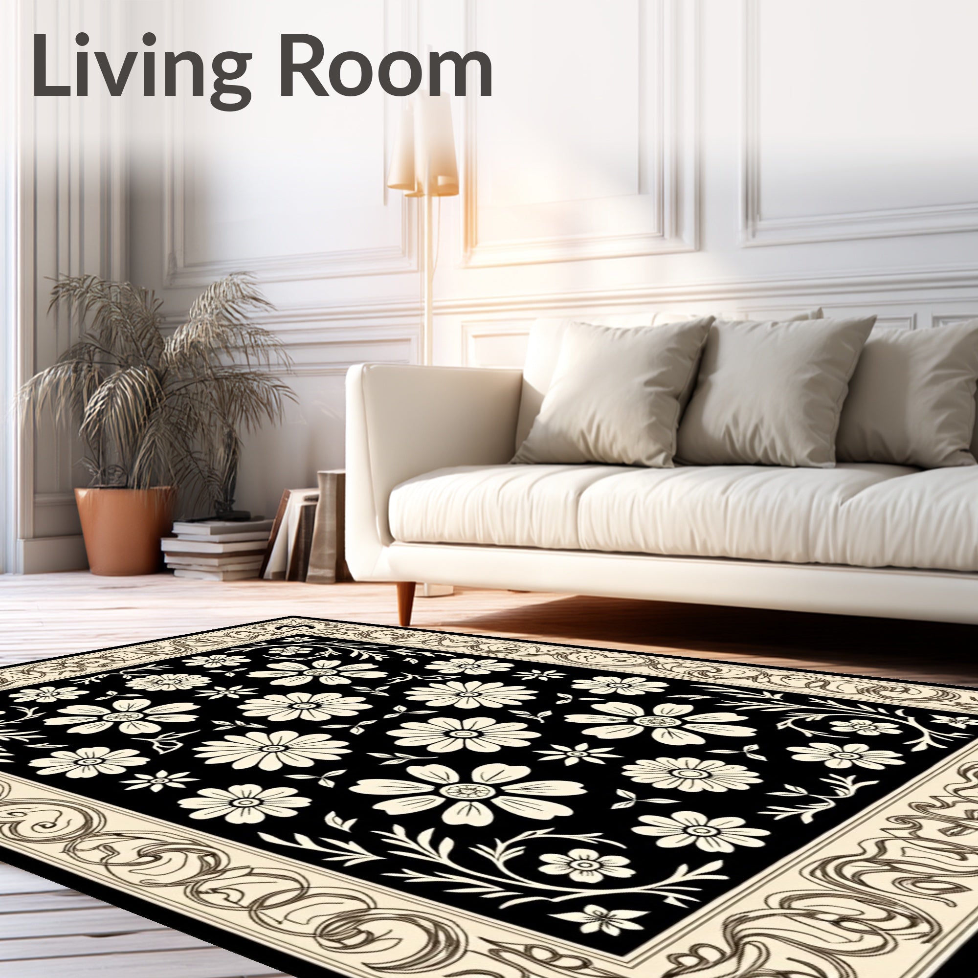 Classic Black Cream Floral Border Rug