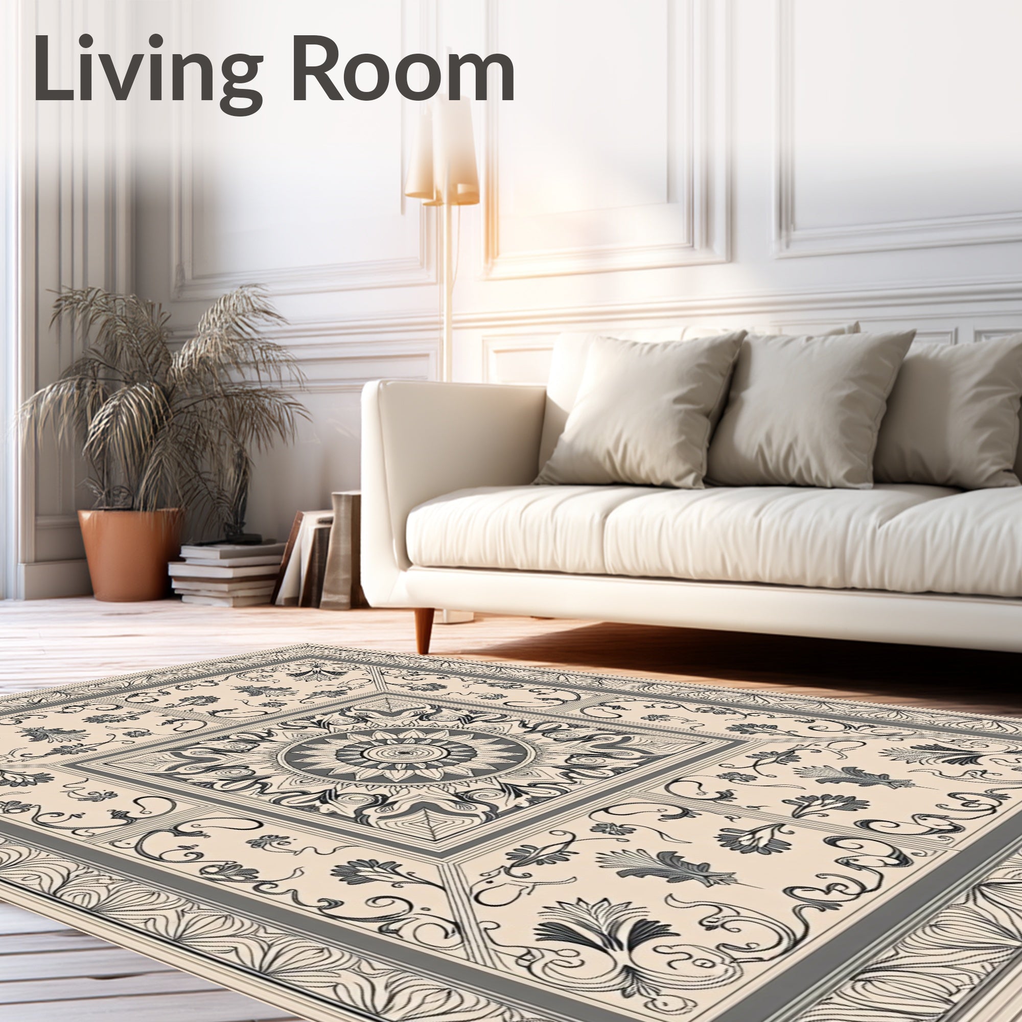 Ornate Beige and Gray Scroll Medallion Rug