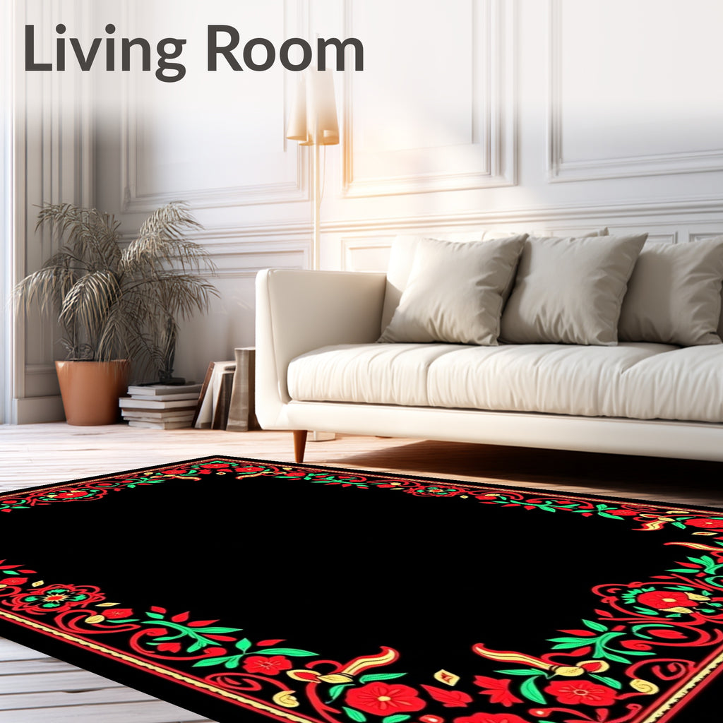 Red Green Floral Vine Border Rug