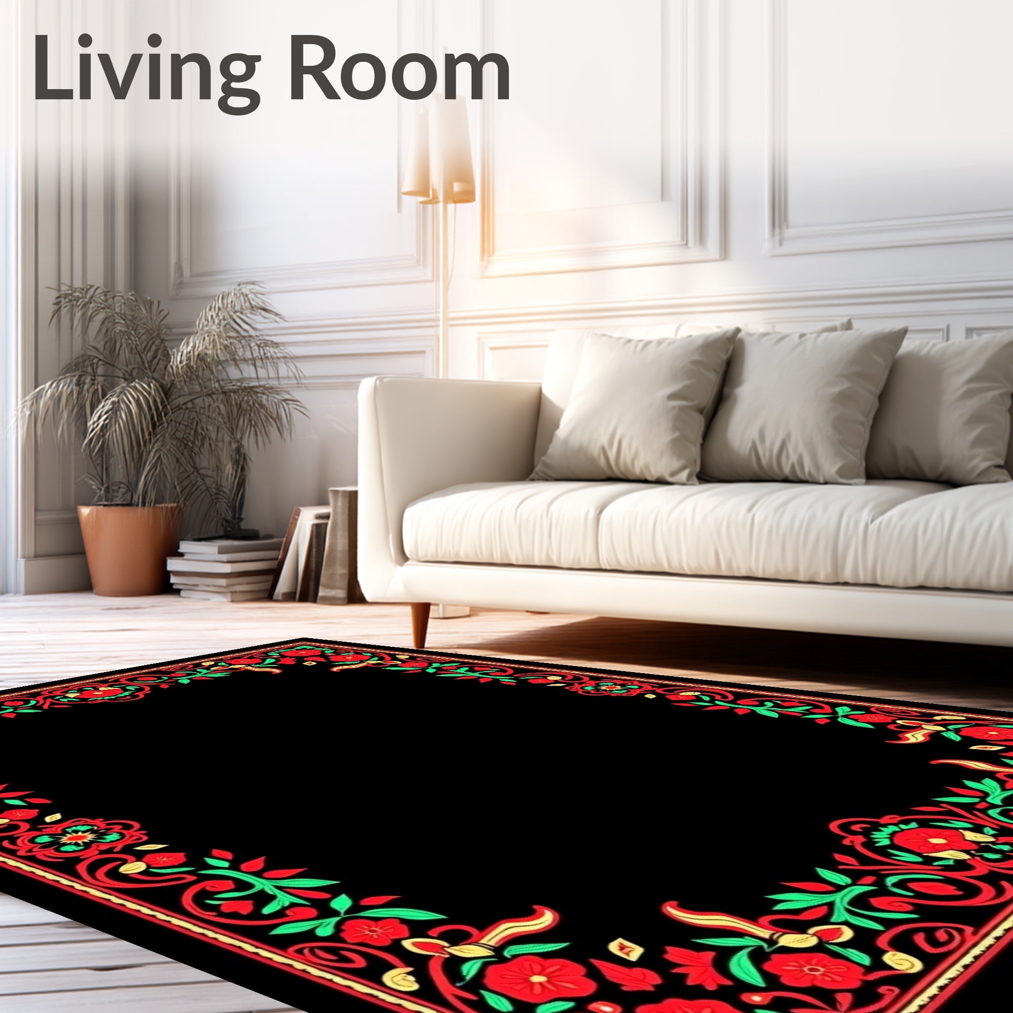 Red Green Floral Vine Border Rug