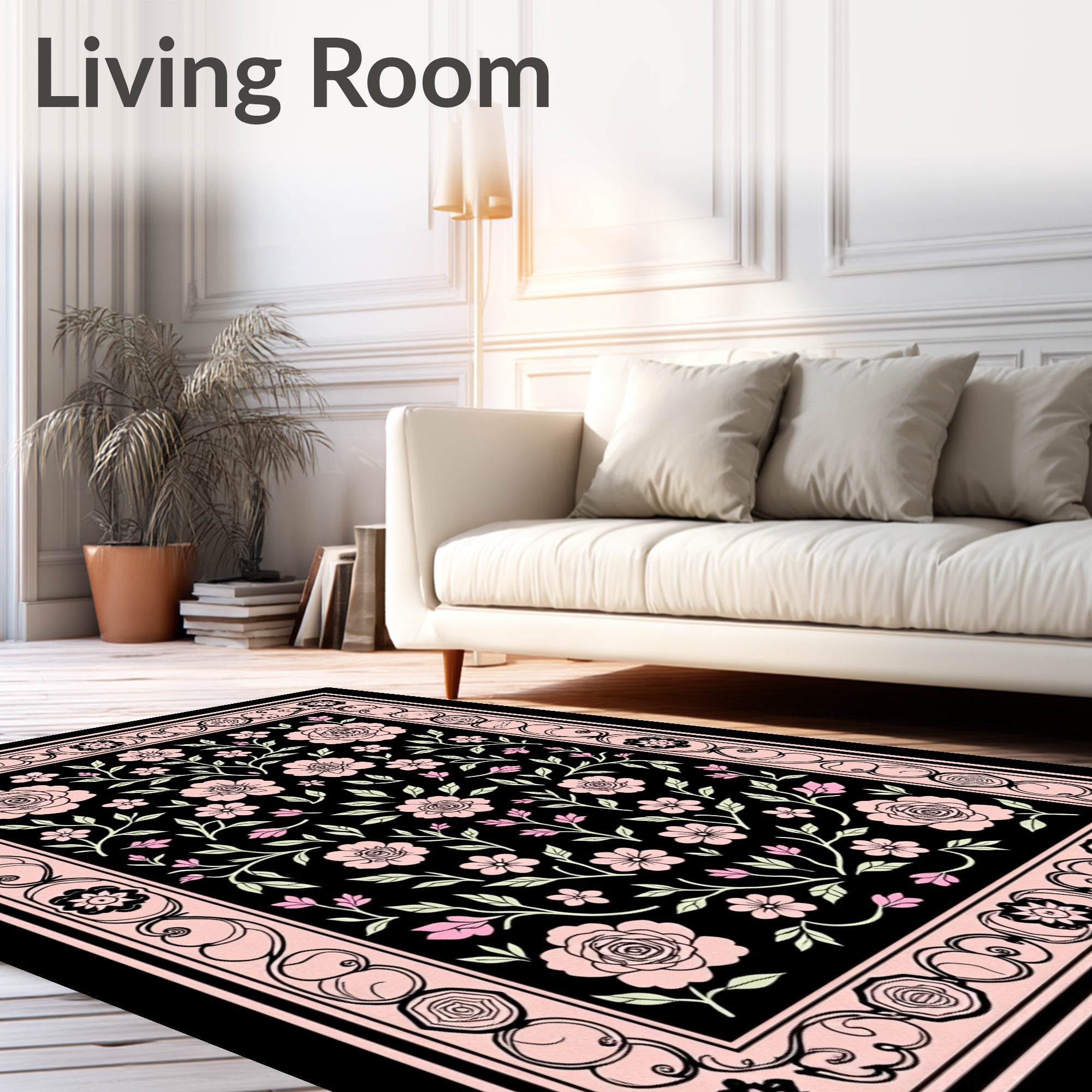 Pink floral garden black Rug