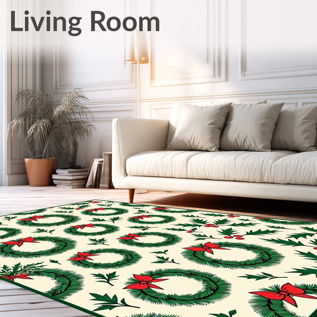 Festive Green Wreath Red Bow Cream Background Rug