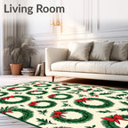 Festive Green Wreath Red Bow Cream Background Rug