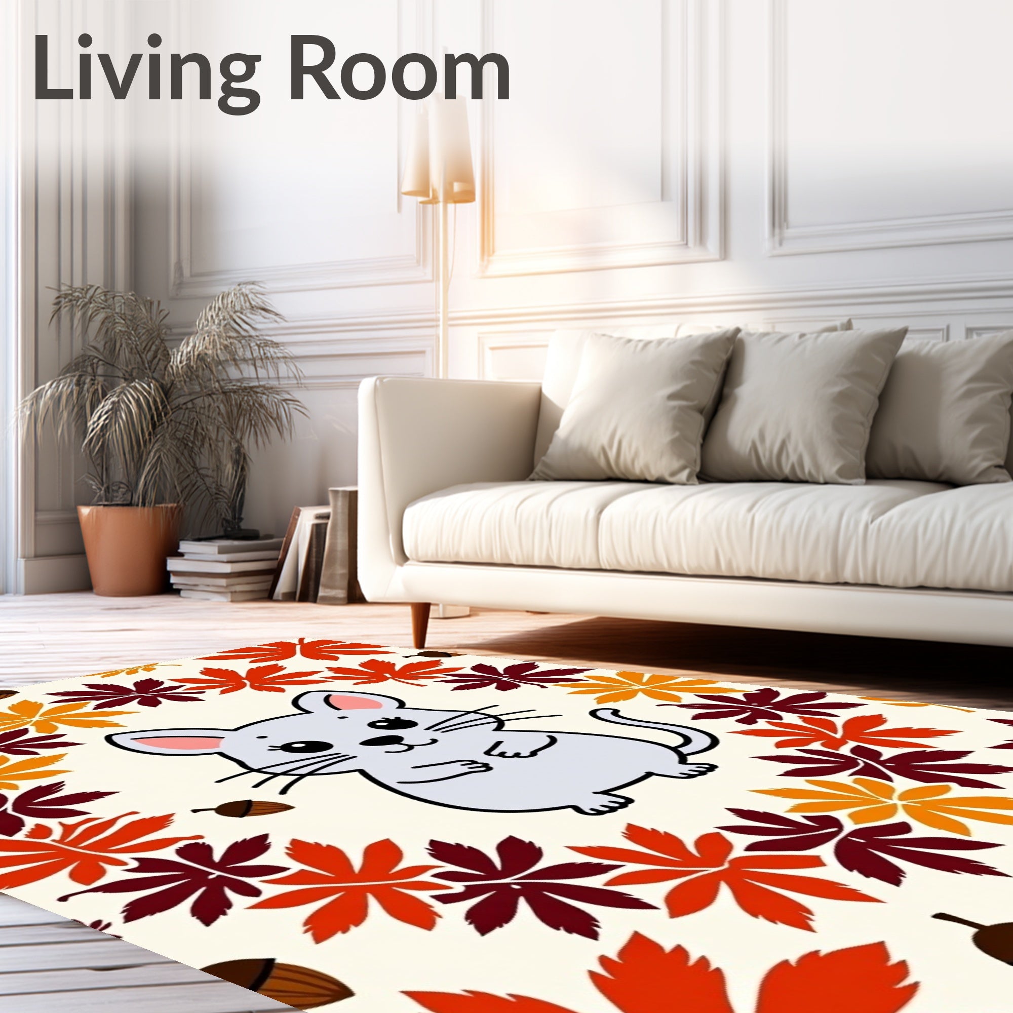 Cute Gray Mouse Autumn Leaf Border Rug