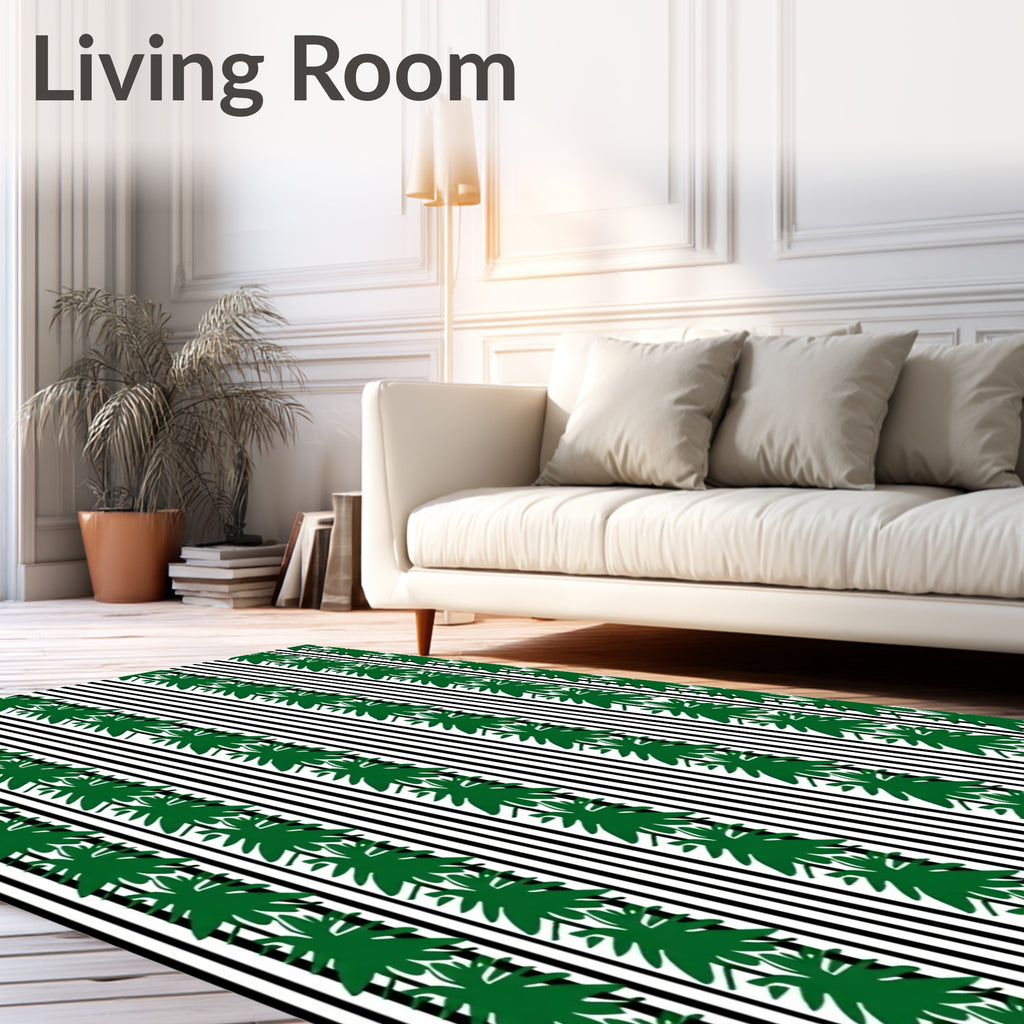 Green Leaf Vines Black White Stripes Rug
