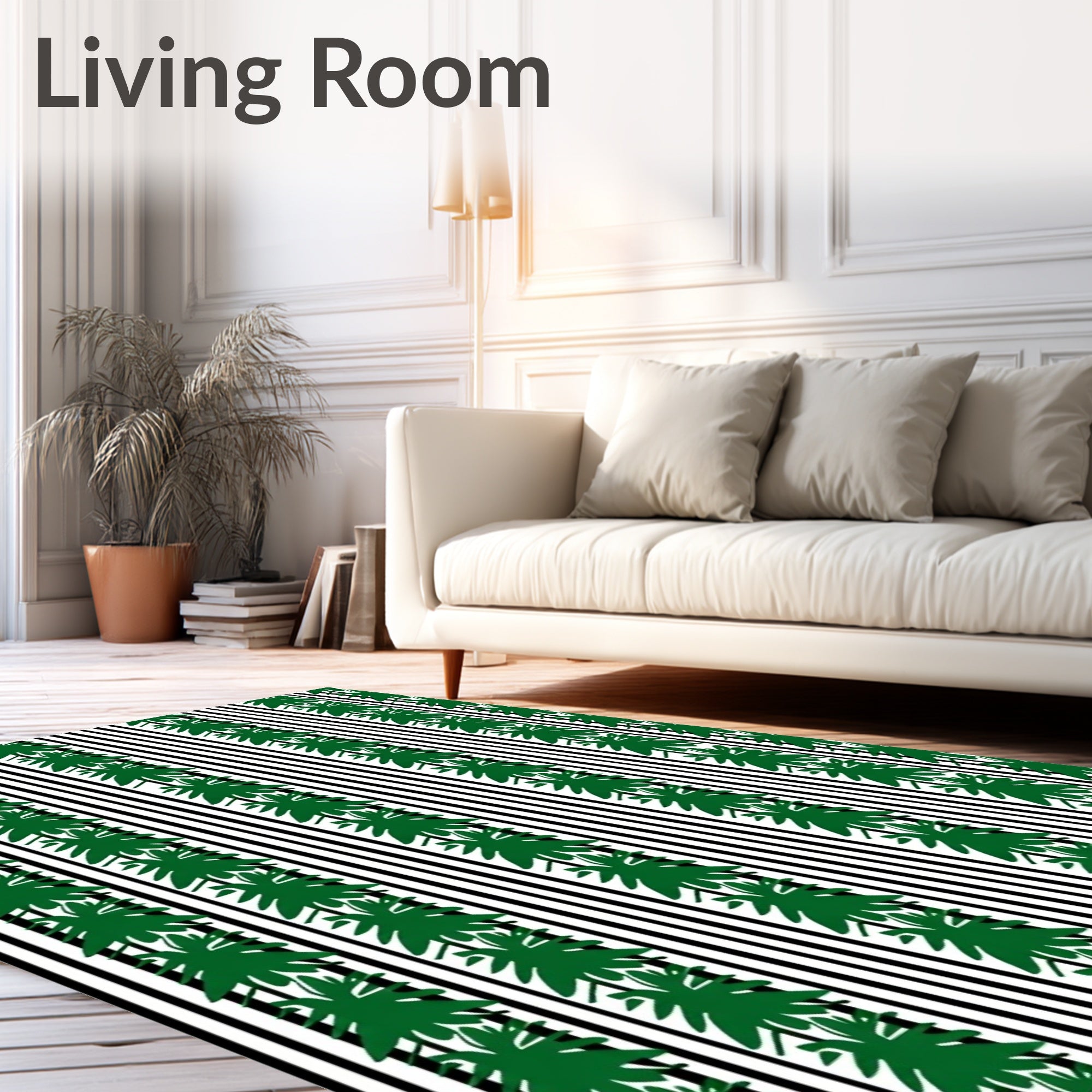 Green Leaf Vines Black White Stripes Rug