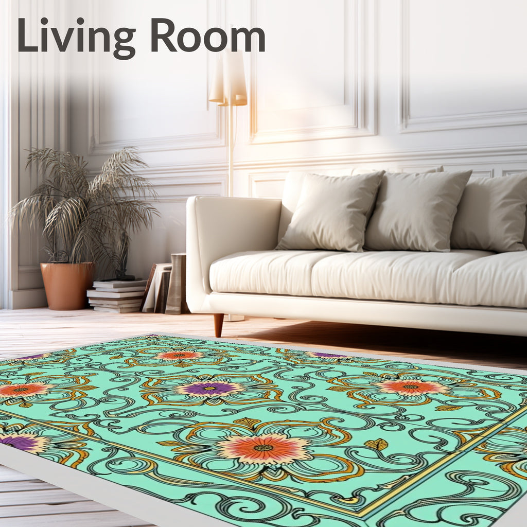 Aqua Floral Medallion Art Nouveau Rug