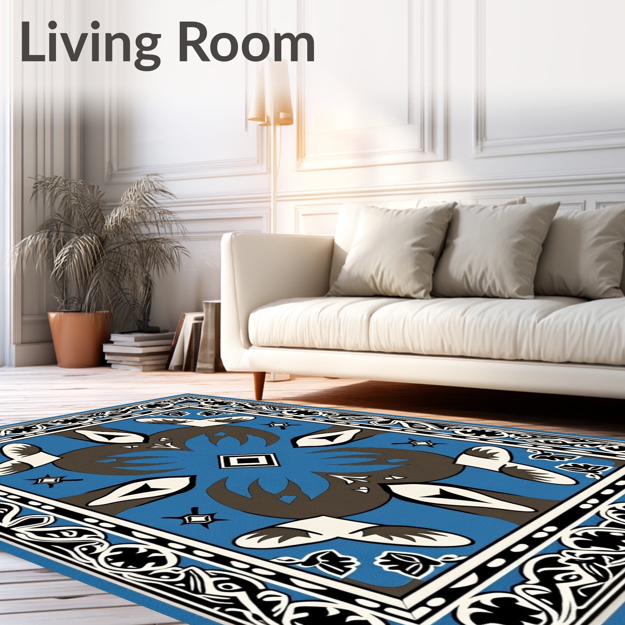 Vibrant Blue Brown White Geometric Frame Rug