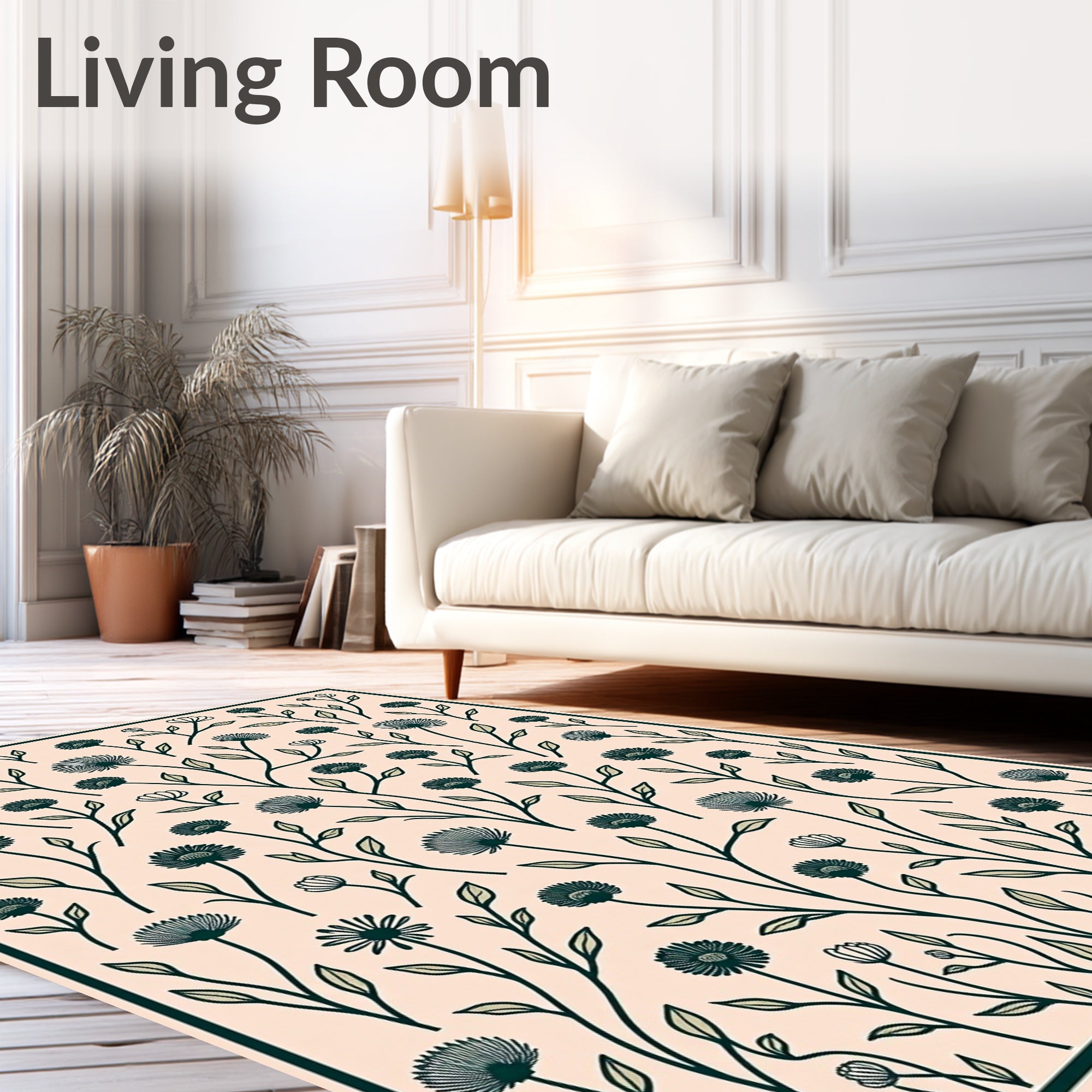 Dark Green Floral Branches On Peach Background Rug