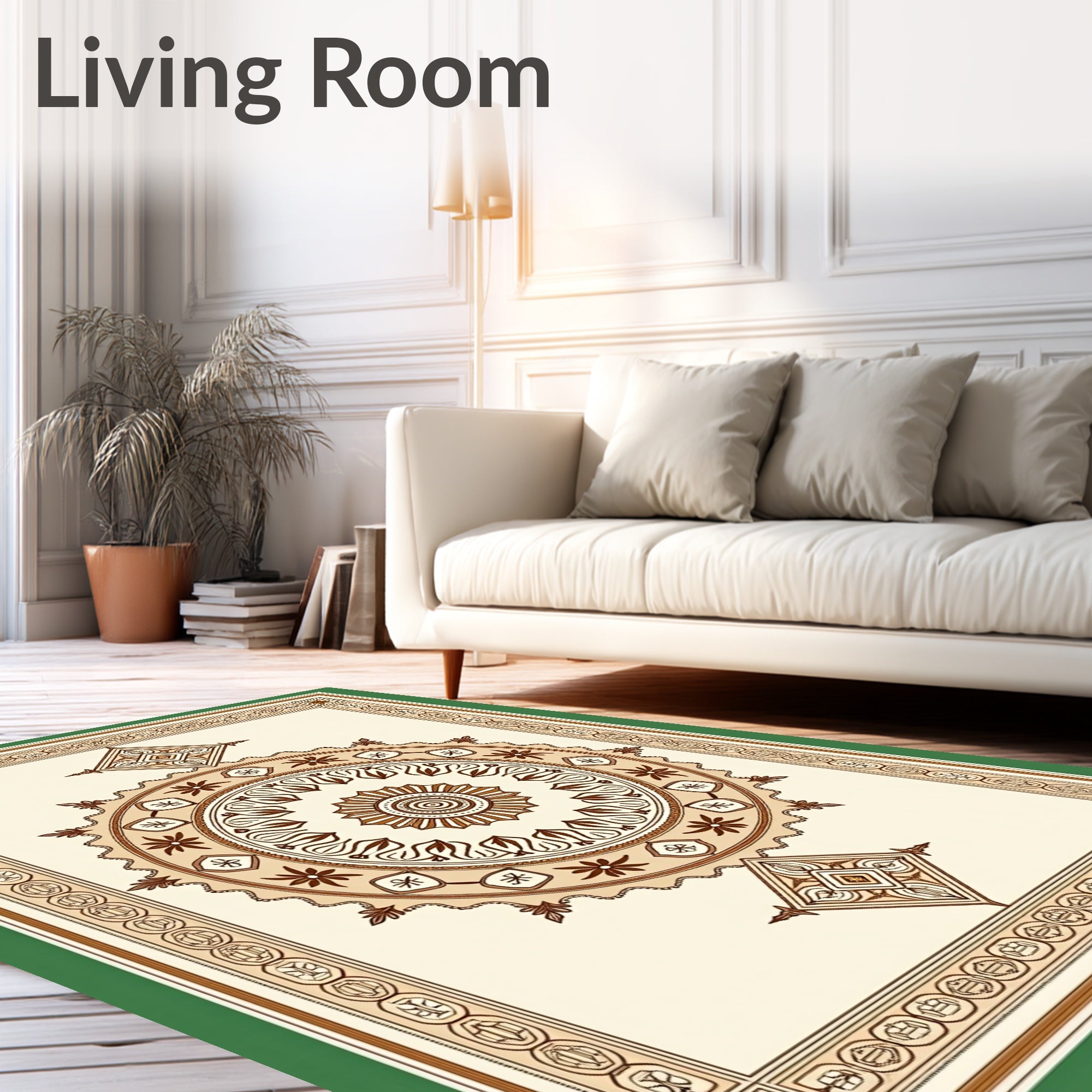 Earthy Cream Brown Mandala Border Rug