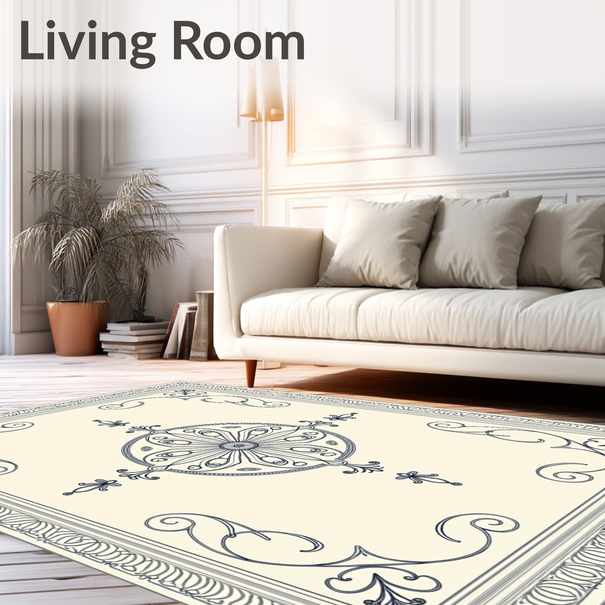 Cream Navy Filigree Medallion Border Rug