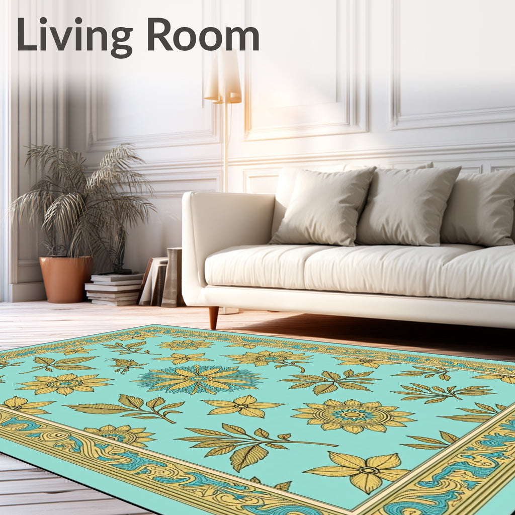 Light Blue Golden Floral Bird Border Rug