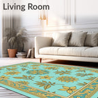 Light Blue Golden Floral Bird Border Rug