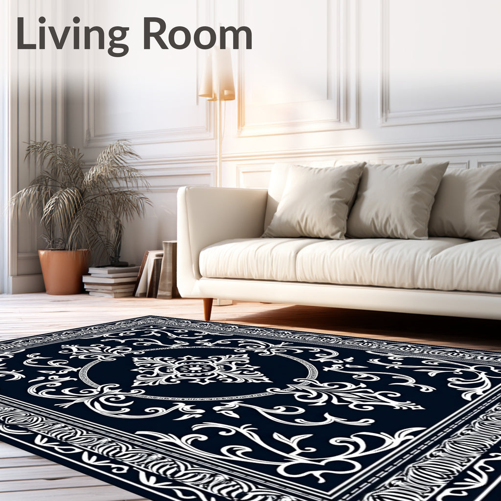 Classic Dark Blue White Floral Medallion Rug