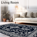 Classic Dark Blue White Floral Medallion Rug