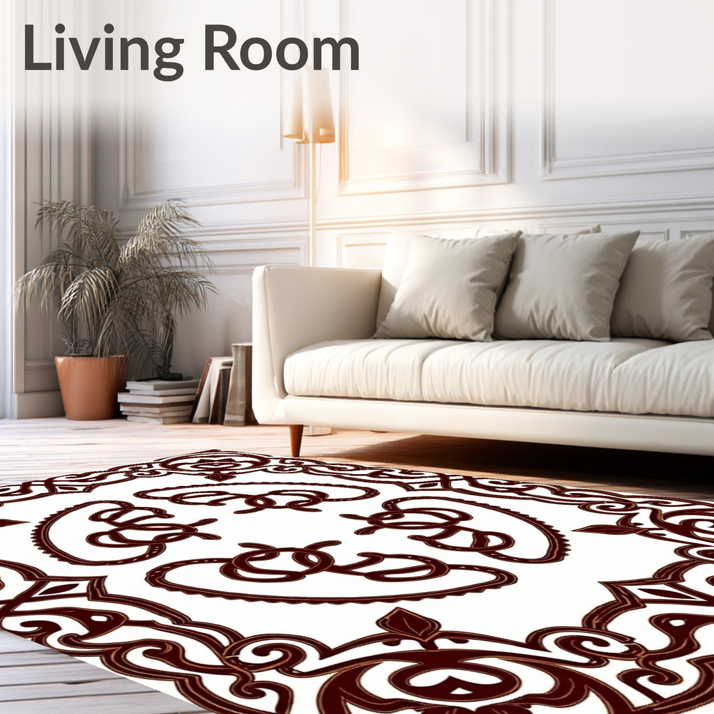 Ornate Maroon Scrollwork Interior Motif Rug