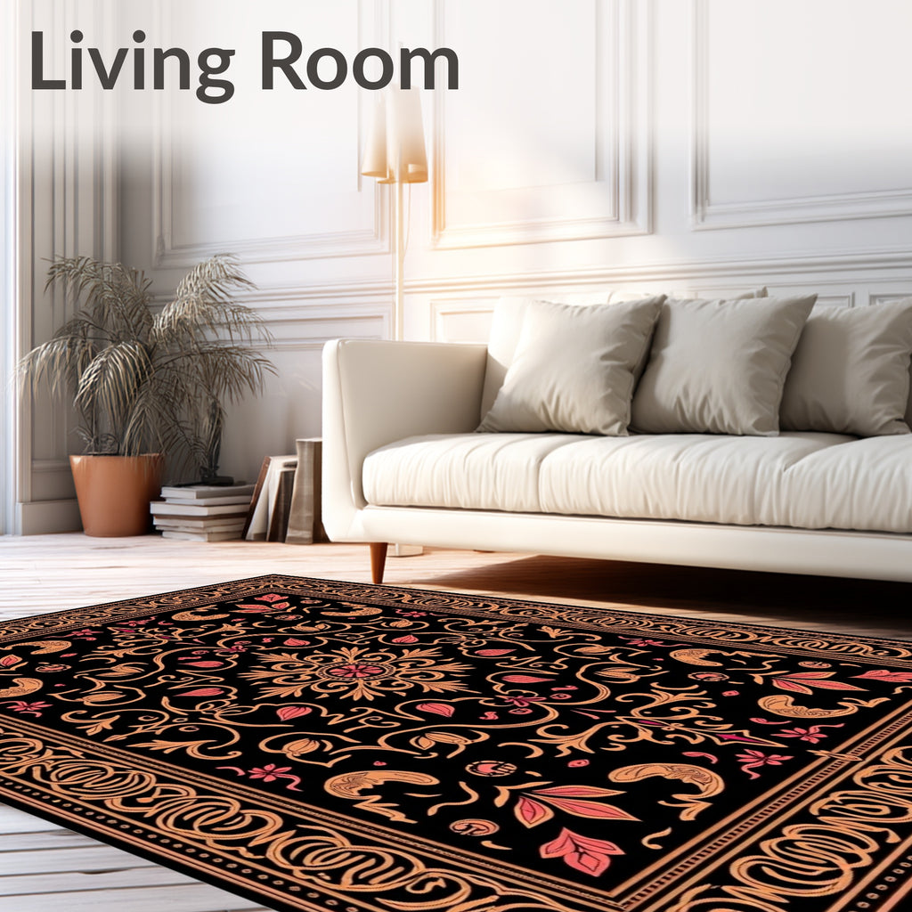 Ornate Coral Floral Black Jewel Rug