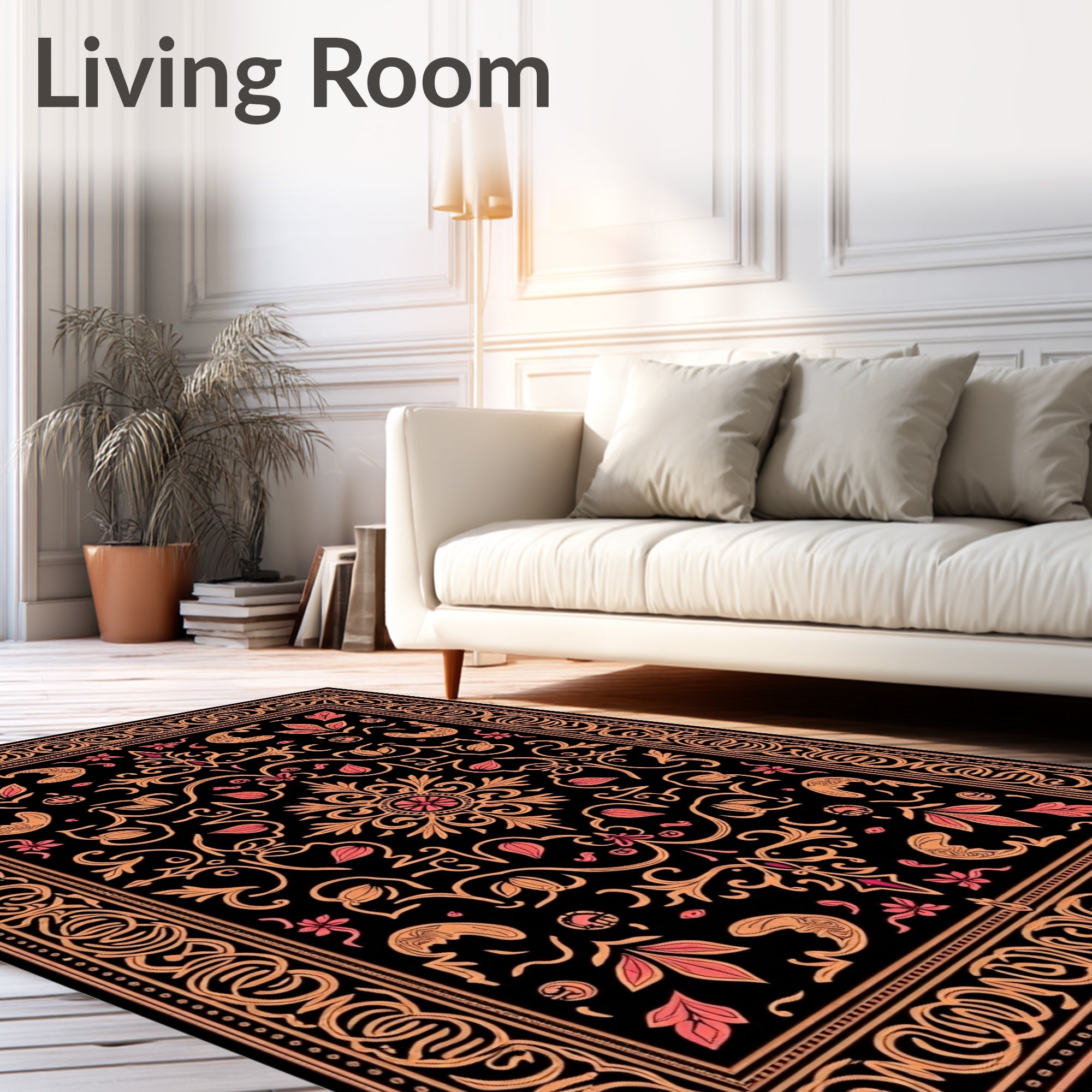 Ornate Coral Floral Black Jewel Rug